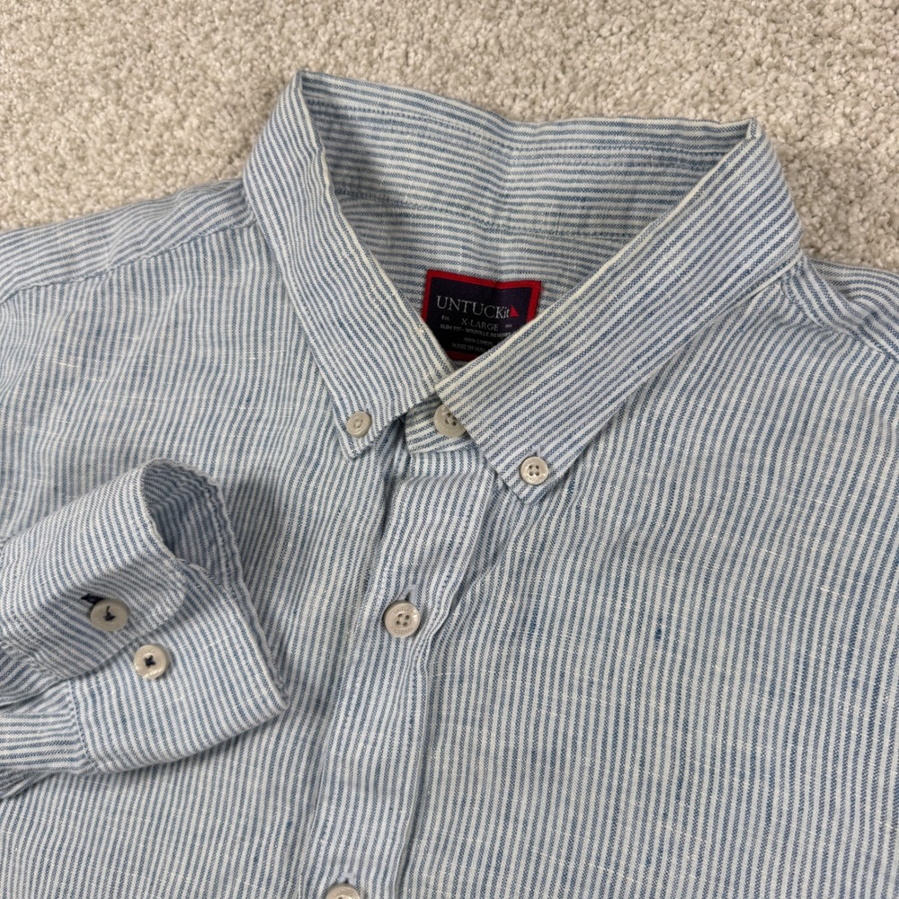 UNTUCKit Button Down Shirt Mens XL Blue Striped Linen Slim Fit Tercos